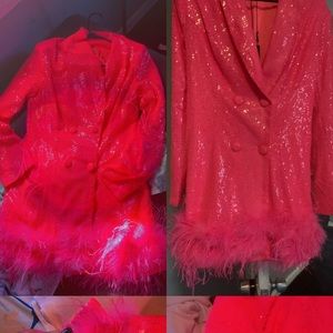 Bright Pink dress with sequence . Feather layer at the bottom .